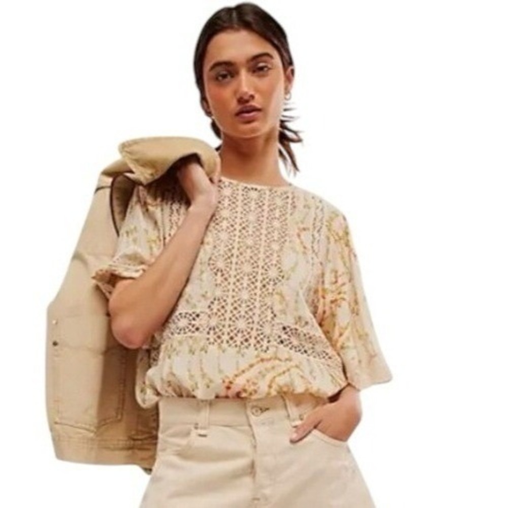 New Free People Bali Tate Blousey Bodysuit Floral Top Tapioca Boho Crochet XS - Picture 1 of 7